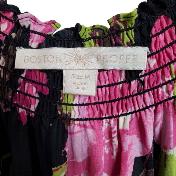 Boston Proper Sz M Dress Floral Chiffon Smocked Neckline Off Shoulder Puff Sleev - Picture 3 of 12